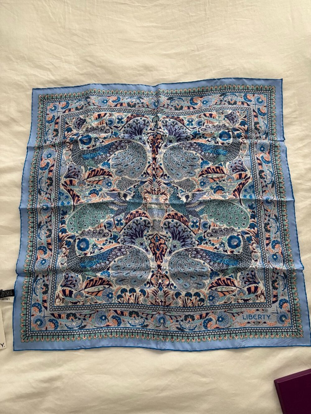 Liberty London Blue Silk Scarf Adorned with Peacocks - Never Worn